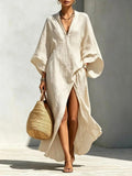 Delphine | Vestito Caftan in Lino con Scollo a V e Spacco Laterale