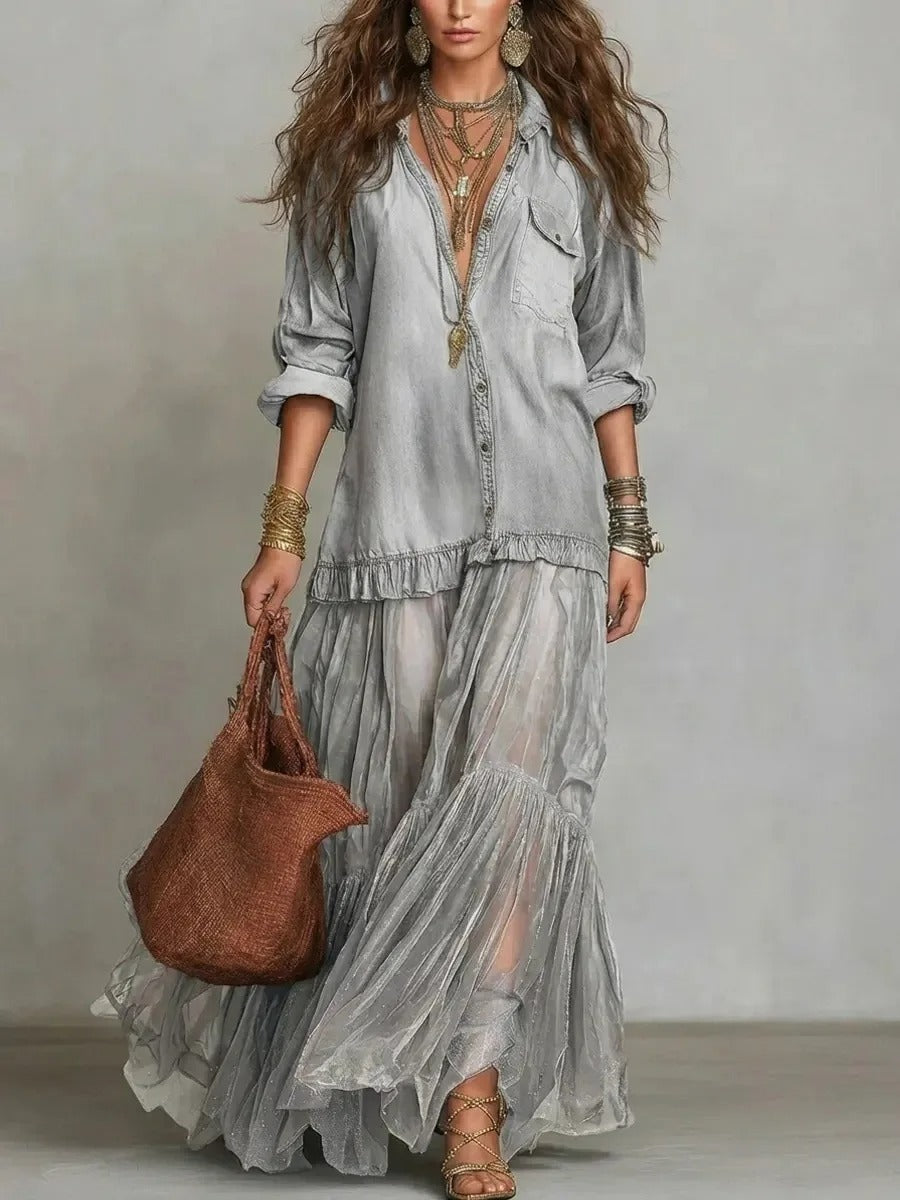 Céleste | Vestito Lungo in Denim con Gonna in Organza