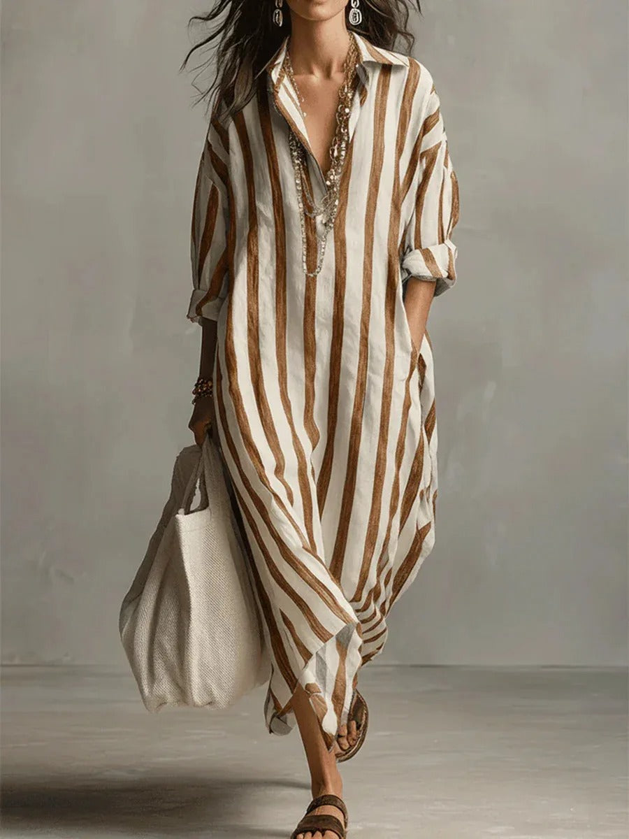 Victoire | Vestito Lungo a Righe con Colletto Camicia