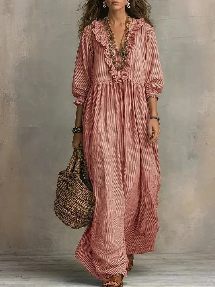 Margot | Vestito Lungo a Righe con Scollo a V e Volant
