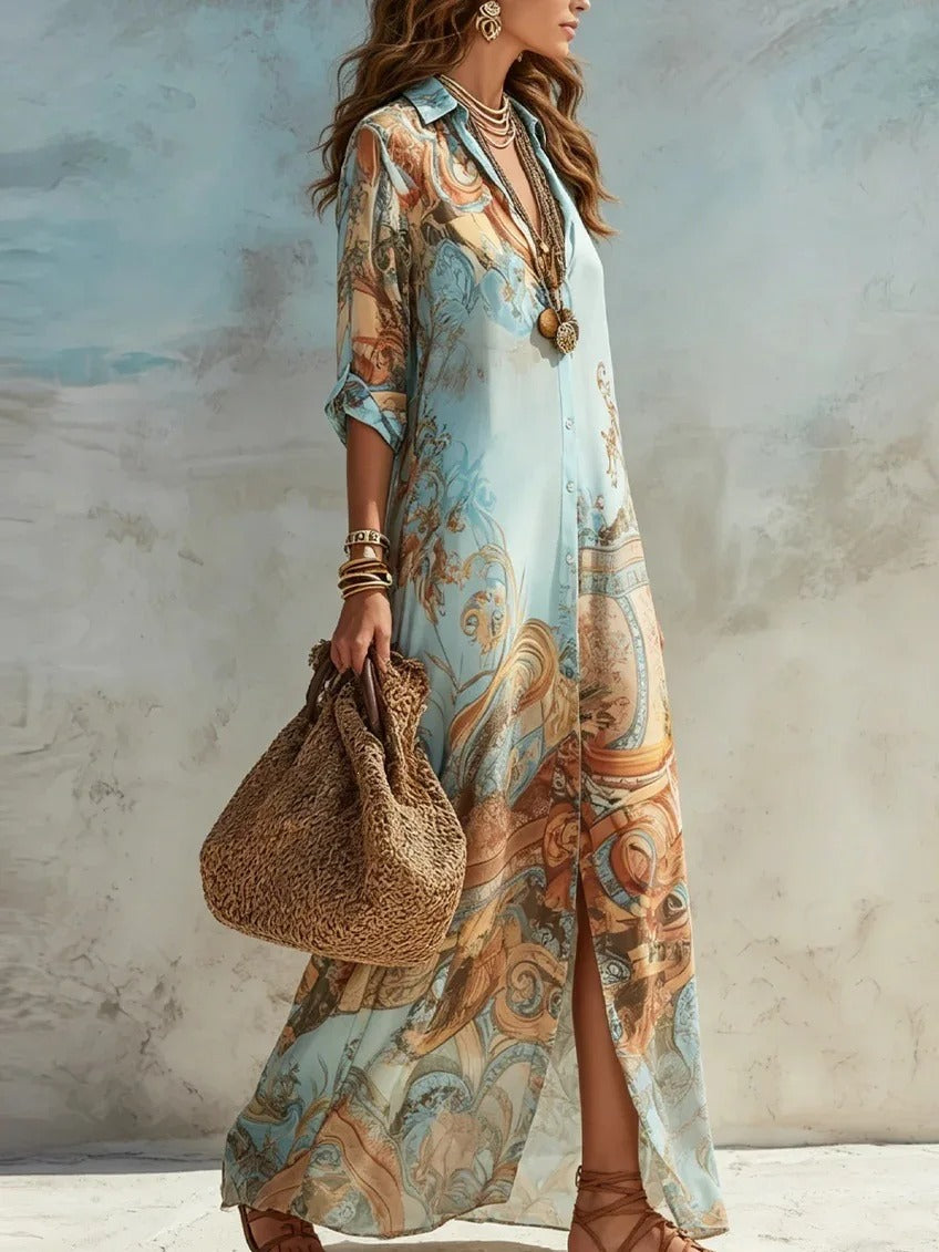 Élodie | Vestito Lungo in Chiffon con Stampa Orientale