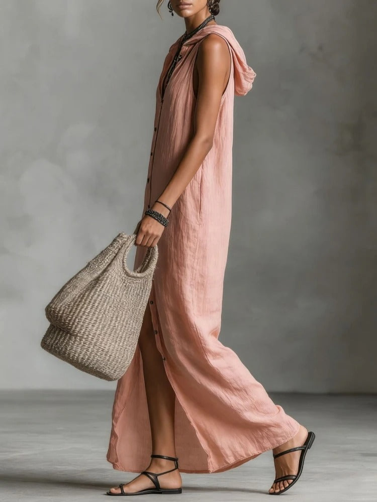 Théa | Vestito Lungo in Lino con Cappuccio e Bottoni