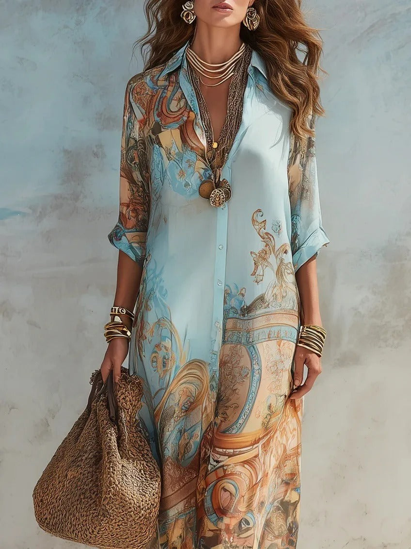 Élodie | Vestito Lungo in Chiffon con Stampa Orientale