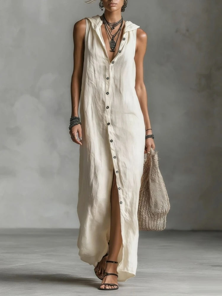 Théa | Vestito Lungo in Lino con Cappuccio e Bottoni