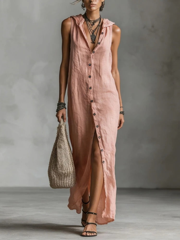 Théa | Vestito Lungo in Lino con Cappuccio e Bottoni