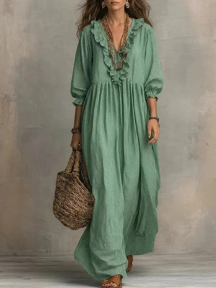 Margot | Vestito Lungo a Righe con Scollo a V e Volant