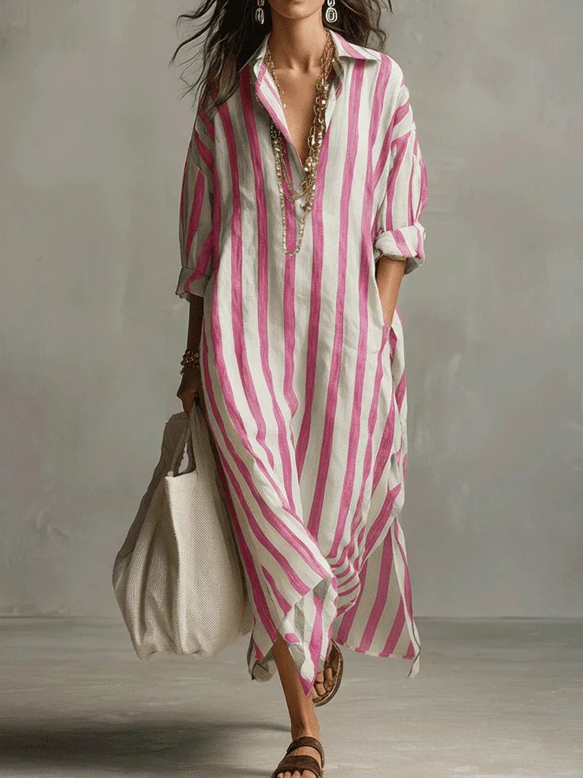 Victoire | Vestito Lungo a Righe con Colletto Camicia