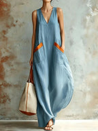 Ondine | Vestito Lungo Bohémien Senza Maniche con Tasche a Contrasto