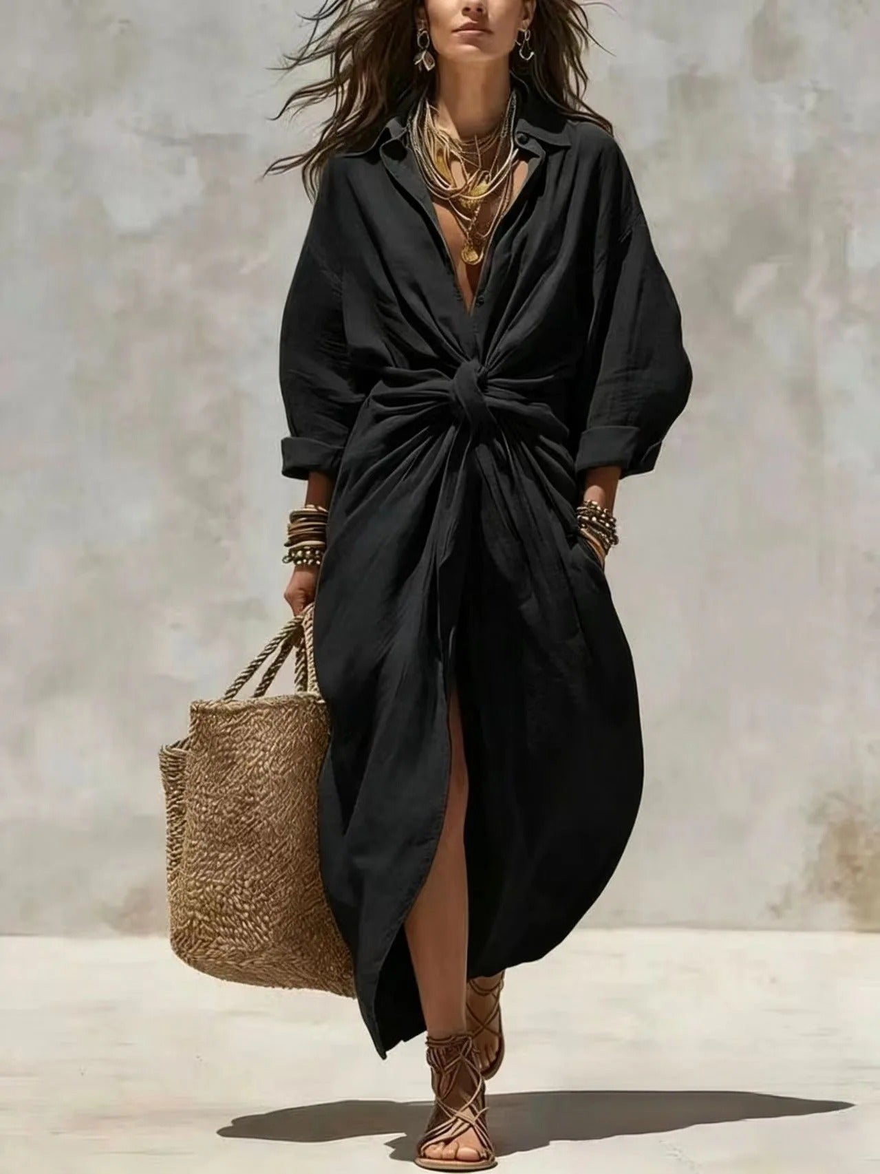 Isaure | Vestito Camicia Lungo in Lino con Nodo in Vita