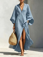 Delphine | Vestito Caftan in Lino con Scollo a V e Spacco Laterale