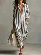 Victoire | Vestito Lungo a Righe con Colletto Camicia