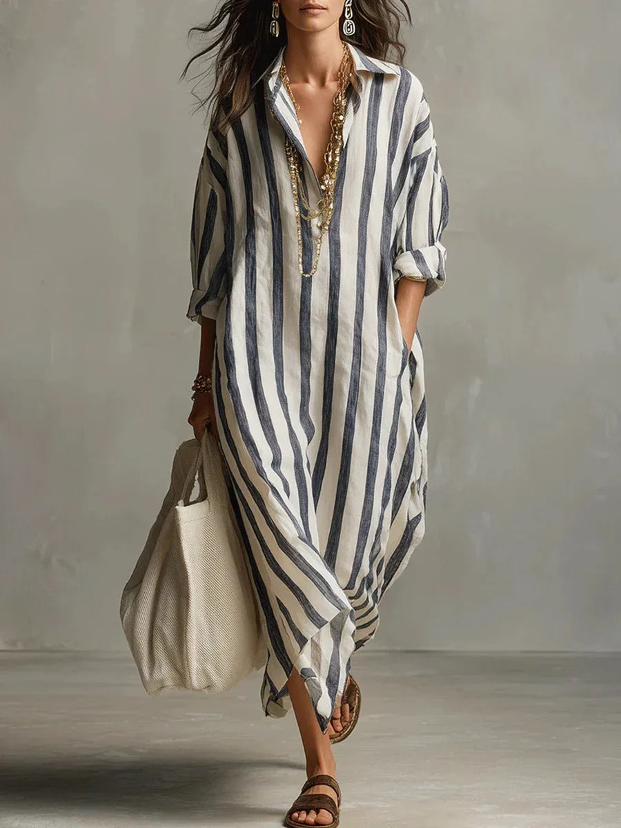 Victoire | Vestito Lungo a Righe con Colletto Camicia