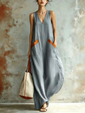 Ondine | Vestito Lungo Bohémien Senza Maniche con Tasche a Contrasto
