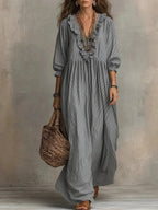 Margot | Vestito Lungo a Righe con Scollo a V e Volant