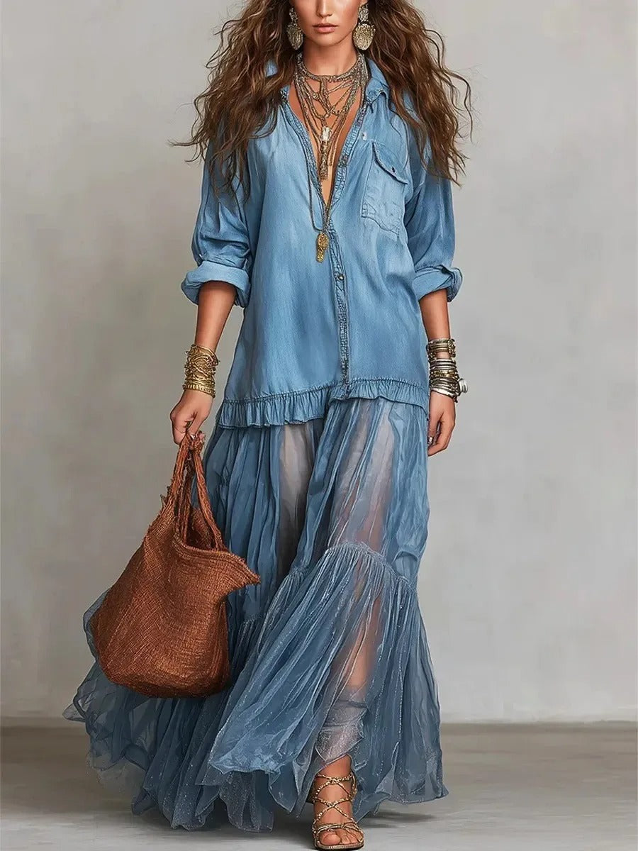 Céleste | Vestito Lungo in Denim con Gonna in Organza