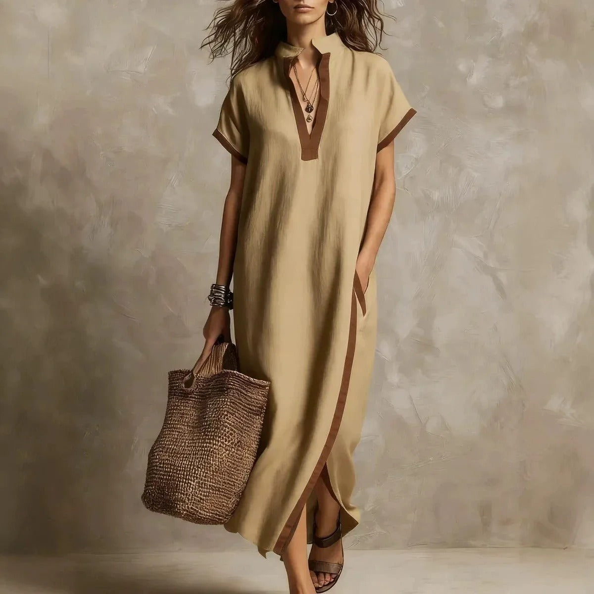Solange | Vestito Lungo Bohémien con Dettaglio a Contrasto