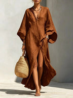 Delphine | Vestito Caftan in Lino con Scollo a V e Spacco Laterale