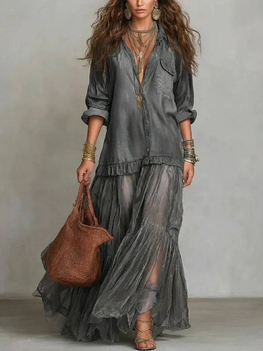 Céleste | Vestito Lungo in Denim con Gonna in Organza