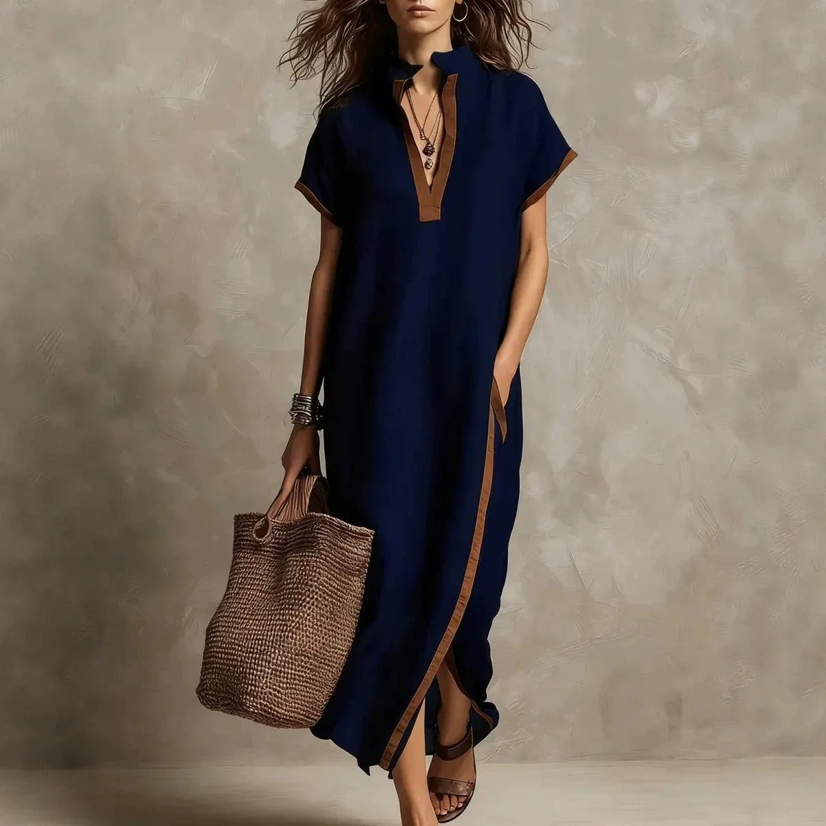 Solange | Vestito Lungo Bohémien con Dettaglio a Contrasto