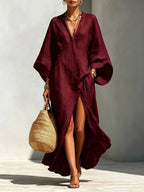 Delphine | Vestito Caftan in Lino con Scollo a V e Spacco Laterale