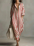 Victoire | Vestito Lungo a Righe con Colletto Camicia
