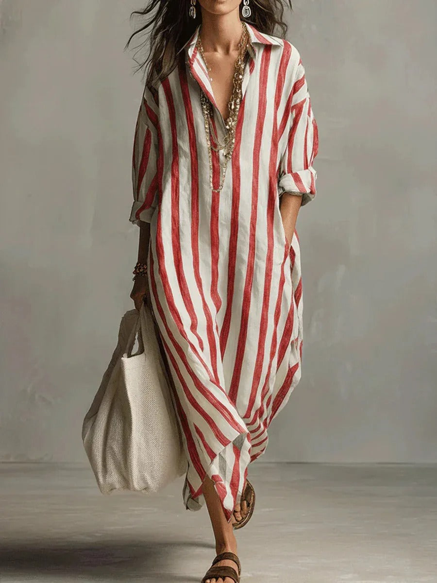 Victoire | Vestito Lungo a Righe con Colletto Camicia
