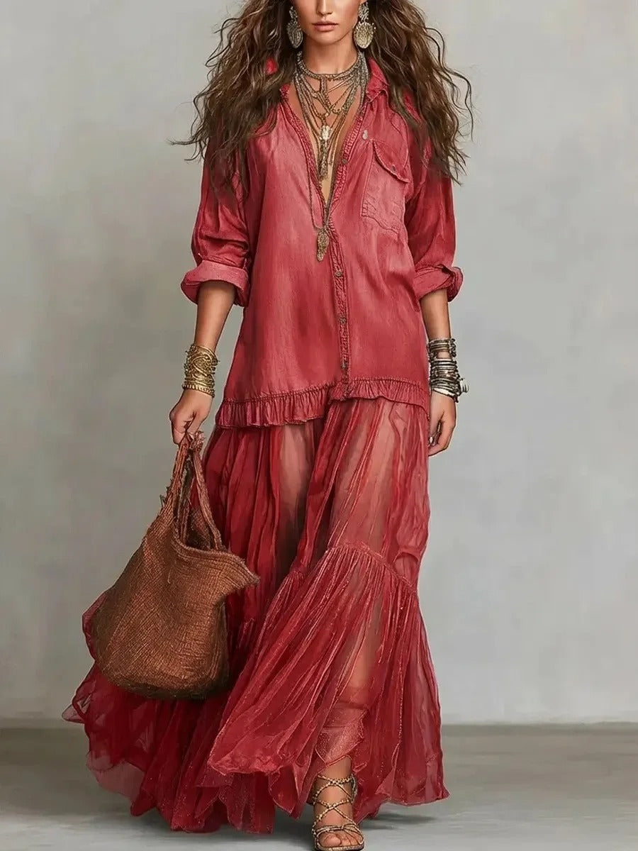 Céleste | Vestito Lungo in Denim con Gonna in Organza
